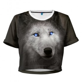 Женская футболка Cropp-top с принтом Голубоглазый волк в Тюмени, 100% полиэстер | круглая горловина, длина футболки до линии талии, рукава с отворотами | волк | глаза | охотник | серый | хищник