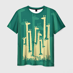 Мужская футболка 3D с принтом Жирафы в Тюмени, 100% полиэфир | прямой крой, круглый вырез горловины, длина до линии бедер | africa | animals | fantasy | giraffes | long | neck | silhouette | spots | stencil | surrealism | аниме | африка | ветки | длинная | животные | жирафы | зелёный | картинка | крутой | листья | лучший | пятна | растения | рисунок | силуэт