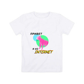 Детская футболка хлопок с принтом Привет я из internet в Тюмени, 100% хлопок | круглый вырез горловины, полуприлегающий силуэт, длина до линии бедер | Тематика изображения на принте: internet | интернет | кот | мем | мемы про котов | надпись | прикол