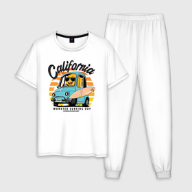Мужская пижама хлопок с принтом Калифорния в Тюмени, 100% хлопок | брюки и футболка прямого кроя, без карманов, на брюках мягкая резинка на поясе и по низу штанин
 | Тематика изображения на принте: california | surfing | авто | калифорния | лето | монстр | серфинг