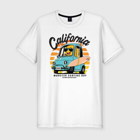Мужская футболка хлопок Slim с принтом Калифорния в Тюмени, 92% хлопок, 8% лайкра | приталенный силуэт, круглый вырез ворота, длина до линии бедра, короткий рукав | california | surfing | авто | калифорния | лето | монстр | серфинг