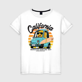 Женская футболка хлопок с принтом Калифорния в Тюмени, 100% хлопок | прямой крой, круглый вырез горловины, длина до линии бедер, слегка спущенное плечо | california | surfing | авто | калифорния | лето | монстр | серфинг