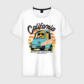 Мужская футболка хлопок с принтом Калифорния в Тюмени, 100% хлопок | прямой крой, круглый вырез горловины, длина до линии бедер, слегка спущенное плечо. | Тематика изображения на принте: california | surfing | авто | калифорния | лето | монстр | серфинг