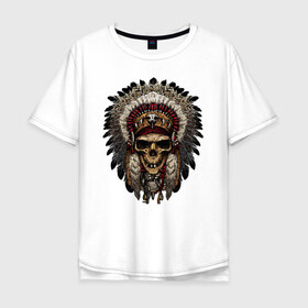 Мужская футболка хлопок Oversize с принтом Индеец в Тюмени, 100% хлопок | свободный крой, круглый ворот, “спинка” длиннее передней части | Тематика изображения на принте: индеец | индейцы | перья | хиппи | череп