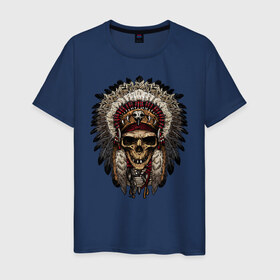 Мужская футболка хлопок с принтом Индеец в Тюмени, 100% хлопок | прямой крой, круглый вырез горловины, длина до линии бедер, слегка спущенное плечо. | индеец | индейцы | перья | хиппи | череп