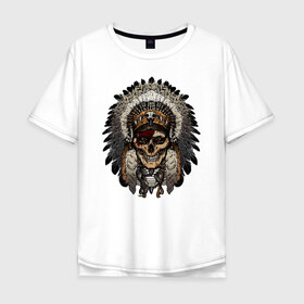 Мужская футболка хлопок Oversize с принтом Индеец в Тюмени, 100% хлопок | свободный крой, круглый ворот, “спинка” длиннее передней части | Тематика изображения на принте: индеец | индейцы | хиппи | череп