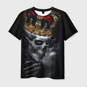 Мужская футболка 3D с принтом Скелет и девушка в Тюмени, 100% полиэфир | прямой крой, круглый вырез горловины, длина до линии бедер | девушка | женщина | король | корона | любовь | пара | поцелуй | скелет | череп