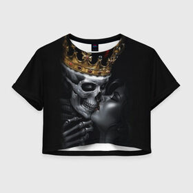 Женская футболка Cropp-top с принтом Скелет и девушка в Тюмени, 100% полиэстер | круглая горловина, длина футболки до линии талии, рукава с отворотами | Тематика изображения на принте: девушка | женщина | король | корона | любовь | пара | поцелуй | скелет | череп