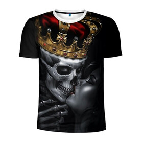 Мужская футболка 3D спортивная с принтом Скелет и девушка в Тюмени, 100% полиэстер с улучшенными характеристиками | приталенный силуэт, круглая горловина, широкие плечи, сужается к линии бедра | девушка | женщина | король | корона | любовь | пара | поцелуй | скелет | череп