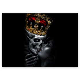 Поздравительная открытка с принтом Скелет и девушка в Тюмени, 100% бумага | плотность бумаги 280 г/м2, матовая, на обратной стороне линовка и место для марки
 | девушка | женщина | король | корона | любовь | пара | поцелуй | скелет | череп