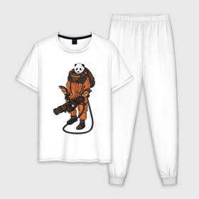 Мужская пижама хлопок с принтом Панда Космонавт в Тюмени, 100% хлопок | брюки и футболка прямого кроя, без карманов, на брюках мягкая резинка на поясе и по низу штанин
 | астронавт | космонавт | космос | панда | панды