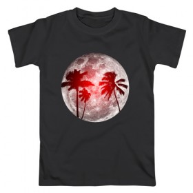 Мужская футболка хлопок с принтом Красный закат в тропиках в Тюмени, 100% хлопок | прямой крой, круглый вырез горловины, длина до линии бедер, слегка спущенное плечо. | закат | лето | луна | ночь | пальмы | тропики