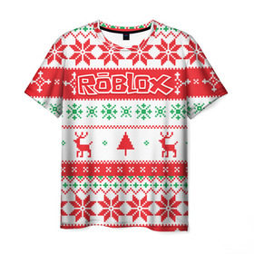 Мужская футболка 3D с принтом Новогодний Roblox в Тюмени, 100% полиэфир | прямой крой, круглый вырез горловины, длина до линии бедер | Тематика изображения на принте: dynablocks | roblox | блоки | вселенная | герои | год | кубики | новый | роблокс | снег | снежинки | узор
