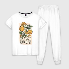 Женская пижама хлопок с принтом Апельсины в Тюмени, 100% хлопок | брюки и футболка прямого кроя, без карманов, на брюках мягкая резинка на поясе и по низу штанин | 