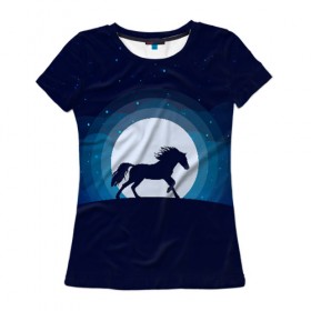 Женская футболка 3D с принтом Лошадь под луной в Тюмени, 100% полиэфир ( синтетическое хлопкоподобное полотно) | прямой крой, круглый вырез горловины, длина до линии бедер | животное | конь | лошадь | луна | ночь