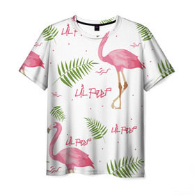Мужская футболка 3D с принтом Lil Peep pink flamingo в Тюмени, 100% полиэфир | прямой крой, круглый вырез горловины, длина до линии бедер | Тематика изображения на принте: benz truck | girls. pink | gustav hr | hip hop | lil | lil peep | peep | rap | лил | лилпип | листья | пальма | пальмы | пип | розовый | рэп | фламинго | хип хоп | эмо | эмо реп