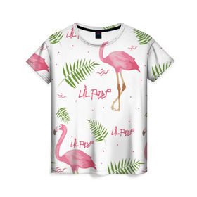 Женская футболка 3D с принтом Lil Peep pink flamingo в Тюмени, 100% полиэфир ( синтетическое хлопкоподобное полотно) | прямой крой, круглый вырез горловины, длина до линии бедер | benz truck | girls. pink | gustav hr | hip hop | lil | lil peep | peep | rap | лил | лилпип | листья | пальма | пальмы | пип | розовый | рэп | фламинго | хип хоп | эмо | эмо реп