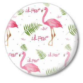 Значок с принтом Lil Peep pink flamingo в Тюмени,  металл | круглая форма, металлическая застежка в виде булавки | benz truck | girls. pink | gustav hr | hip hop | lil | lil peep | peep | rap | лил | лилпип | листья | пальма | пальмы | пип | розовый | рэп | фламинго | хип хоп | эмо | эмо реп