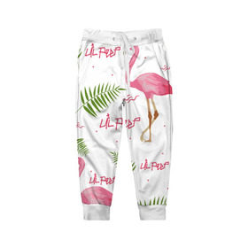 Детские брюки 3D с принтом Lil Peep pink flamingo в Тюмени, 100% полиэстер | манжеты по низу, эластичный пояс регулируется шнурком, по бокам два кармана без застежек, внутренняя часть кармана из мелкой сетки | benz truck | girls. pink | gustav hr | hip hop | lil | lil peep | peep | rap | лил | лилпип | листья | пальма | пальмы | пип | розовый | рэп | фламинго | хип хоп | эмо | эмо реп
