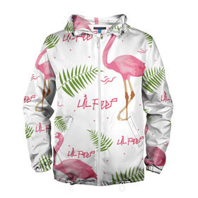 Мужская ветровка 3D с принтом Lil Peep pink flamingo в Тюмени, 100% полиэстер | подол и капюшон оформлены резинкой с фиксаторами, два кармана без застежек по бокам, один потайной карман на груди | benz truck | girls. pink | gustav hr | hip hop | lil | lil peep | peep | rap | лил | лилпип | листья | пальма | пальмы | пип | розовый | рэп | фламинго | хип хоп | эмо | эмо реп