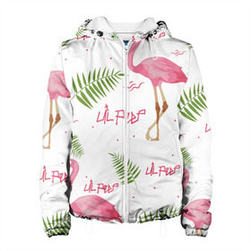 Женская куртка 3D с принтом Lil Peep pink flamingo в Тюмени, ткань верха — 100% полиэстер, подклад — флис | прямой крой, подол и капюшон оформлены резинкой с фиксаторами, два кармана без застежек по бокам, один большой потайной карман на груди. Карман на груди застегивается на липучку | benz truck | girls. pink | gustav hr | hip hop | lil | lil peep | peep | rap | лил | лилпип | листья | пальма | пальмы | пип | розовый | рэп | фламинго | хип хоп | эмо | эмо реп