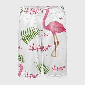 Детские спортивные шорты 3D с принтом Lil Peep pink flamingo в Тюмени,  100% полиэстер
 | пояс оформлен широкой мягкой резинкой, ткань тянется
 | benz truck | girls. pink | gustav hr | hip hop | lil | lil peep | peep | rap | лил | лилпип | листья | пальма | пальмы | пип | розовый | рэп | фламинго | хип хоп | эмо | эмо реп