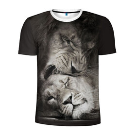 Мужская футболка 3D спортивная с принтом Лев и львица в Тюмени, 100% полиэстер с улучшенными характеристиками | приталенный силуэт, круглая горловина, широкие плечи, сужается к линии бедра | Тематика изображения на принте: животные | кот | кошка | лев | львица | оскал | природа | рык | рычит | хищник