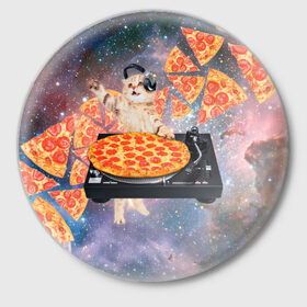 Значок с принтом Кот Диджей в Тюмени,  металл | круглая форма, металлическая застежка в виде булавки | Тематика изображения на принте: cat | cosmos | dj | fast | fastfood | food | meme | party | pizza | space | вечеринка | диджей | еда | космос | кошак | кошка | мем | пицца | фастфуд