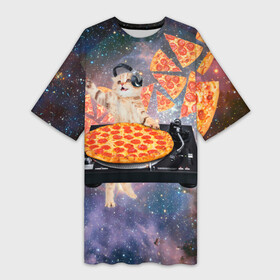 Платье-футболка 3D с принтом Кот Диджей в Тюмени,  |  | cat | cosmos | dj | fast | fastfood | food | meme | party | pizza | space | вечеринка | диджей | еда | космос | кошак | кошка | мем | пицца | фастфуд
