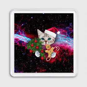 Магнит 55*55 с принтом astro cat в Тюмени, Пластик | Размер: 65*65 мм; Размер печати: 55*55 мм | Тематика изображения на принте: art | cat | new year | pizza | space | абстракция | еда | ёлка | звезды | киса | космос | кот | кот в космосе | кот с едой | котенок | котик | кошка | новый год | пицца | праздник | рождество | шапка