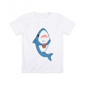 Детская футболка хлопок с принтом Hype Shark в Тюмени, 100% хлопок | круглый вырез горловины, полуприлегающий силуэт, длина до линии бедер | Тематика изображения на принте: coffee | cute | hype | kawaii | shark | акула | кофе | милый | море | рыба | хищник