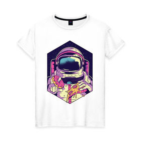 Женская футболка хлопок с принтом Космонавт с Едой в Тюмени, 100% хлопок | прямой крой, круглый вырез горловины, длина до линии бедер, слегка спущенное плечо | астронавт | в космосе | галактика | еда | звезды | космонавт | космос | пицца | пончик