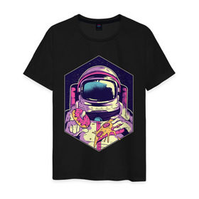 Мужская футболка хлопок с принтом Космонавт с Едой в Тюмени, 100% хлопок | прямой крой, круглый вырез горловины, длина до линии бедер, слегка спущенное плечо. | астронавт | в космосе | галактика | еда | звезды | космонавт | космос | пицца | пончик