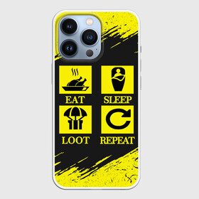 Чехол для iPhone 13 Pro с принтом PUBG. в Тюмени,  |  | battle royal | eat | loot | playerunknowns battlegrounds | pubg | repeat | sleep | вектор | грабить | гранж | есть | игра | пабг | повторять | пубг | сон