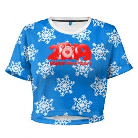 Женская футболка 3D укороченная с принтом НОВЫЙ ГОД 2019 в Тюмени, 100% полиэстер | круглая горловина, длина футболки до линии талии, рукава с отворотами | christmas | new year | pig | snow | год свиньи | ёлка | зима | кабан | каникулы | новогодний паттерн | новый год | праздник | рождество | свинья | снег | снежинки