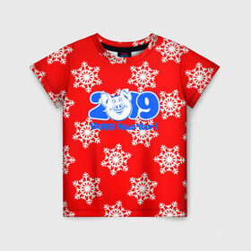 Детская футболка 3D с принтом HAPPY NEW YEAR 2019 в Тюмени, 100% гипоаллергенный полиэфир | прямой крой, круглый вырез горловины, длина до линии бедер, чуть спущенное плечо, ткань немного тянется | Тематика изображения на принте: christmas | new year | pig | snow | год свиньи | ёлка | зима | кабан | каникулы | новогодний паттерн | новый год | праздник | рождество | свинья | снег | снежинки