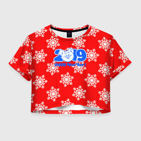 Женская футболка 3D укороченная с принтом HAPPY NEW YEAR 2019 в Тюмени, 100% полиэстер | круглая горловина, длина футболки до линии талии, рукава с отворотами | christmas | new year | pig | snow | год свиньи | ёлка | зима | кабан | каникулы | новогодний паттерн | новый год | праздник | рождество | свинья | снег | снежинки