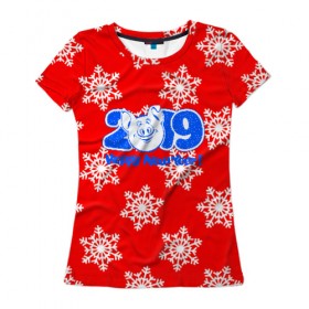 Женская футболка 3D с принтом HAPPY NEW YEAR 2019 в Тюмени, 100% полиэфир ( синтетическое хлопкоподобное полотно) | прямой крой, круглый вырез горловины, длина до линии бедер | christmas | new year | pig | snow | год свиньи | ёлка | зима | кабан | каникулы | новогодний паттерн | новый год | праздник | рождество | свинья | снег | снежинки