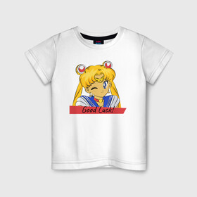Детская футболка хлопок с принтом Sailor Moon Good Luck в Тюмени, 100% хлопок | круглый вырез горловины, полуприлегающий силуэт, длина до линии бедер | good luck | goodluck | sailor moon | sailormoon | мультик | мультяшка | надпись | сейлор мун | сейлормун | сэйлормун | удачи