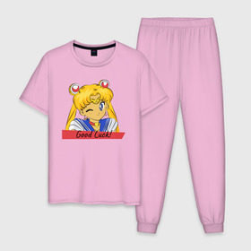 Мужская пижама хлопок с принтом Sailor Moon Good Luck в Тюмени, 100% хлопок | брюки и футболка прямого кроя, без карманов, на брюках мягкая резинка на поясе и по низу штанин
 | Тематика изображения на принте: good luck | goodluck | sailor moon | sailormoon | мультик | мультяшка | надпись | сейлор мун | сейлормун | сэйлормун | удачи