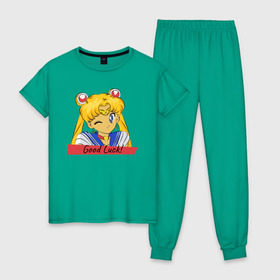 Женская пижама хлопок с принтом Sailor Moon Good Luck в Тюмени, 100% хлопок | брюки и футболка прямого кроя, без карманов, на брюках мягкая резинка на поясе и по низу штанин | good luck | goodluck | sailor moon | sailormoon | мультик | мультяшка | надпись | сейлор мун | сейлормун | сэйлормун | удачи