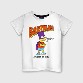 Детская футболка хлопок с принтом Барт Симпсон в Тюмени, 100% хлопок | круглый вырез горловины, полуприлегающий силуэт, длина до линии бедер | Тематика изображения на принте: bart simpson | simpsons | барт | барт симпсон | бартмен | симпcоны | супергерой