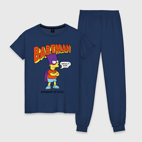 Женская пижама хлопок с принтом Барт Симпсон в Тюмени, 100% хлопок | брюки и футболка прямого кроя, без карманов, на брюках мягкая резинка на поясе и по низу штанин | bart simpson | simpsons | барт | барт симпсон | бартмен | симпcоны | супергерой