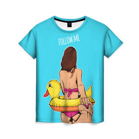 Женская футболка 3D с принтом Следуй За Мной в Тюмени, 100% полиэфир ( синтетическое хлопкоподобное полотно) | прямой крой, круглый вырез горловины, длина до линии бедер | follow me | девушка | женские | летние | лето | утка | уточка