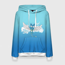 Женская толстовка 3D с принтом Happy Aye! (Fairy Tail) в Тюмени, 100% полиэстер  | двухслойный капюшон со шнурком для регулировки, мягкие манжеты на рукавах и по низу толстовки, спереди карман-кенгуру с мягким внутренним слоем. | anime | blue | cat | fairy tail | happy | аниме | кот | кошка | синий | хвост феи | хэппи