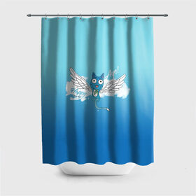 Штора 3D для ванной с принтом Happy Aye! (Fairy Tail) в Тюмени, 100% полиэстер | плотность материала — 100 г/м2. Стандартный размер — 146 см х 180 см. По верхнему краю — пластиковые люверсы для креплений. В комплекте 10 пластиковых колец | anime | blue | cat | fairy tail | happy | аниме | кот | кошка | синий | хвост феи | хэппи