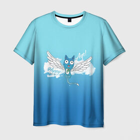 Мужская футболка 3D с принтом Happy Aye! (Fairy Tail) в Тюмени, 100% полиэфир | прямой крой, круглый вырез горловины, длина до линии бедер | Тематика изображения на принте: anime | blue | cat | fairy tail | happy | аниме | кот | кошка | синий | хвост феи | хэппи