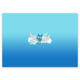 Поздравительная открытка с принтом Happy Aye! (Fairy Tail) в Тюмени, 100% бумага | плотность бумаги 280 г/м2, матовая, на обратной стороне линовка и место для марки
 | Тематика изображения на принте: anime | blue | cat | fairy tail | happy | аниме | кот | кошка | синий | хвост феи | хэппи