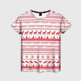 Женская футболка 3D с принтом Новогодний Horizon Zero Dawn в Тюмени, 100% полиэфир ( синтетическое хлопкоподобное полотно) | прямой крой, круглый вырез горловины, длина до линии бедер | 2019 | action | rpg | год | игра | новый | олени | рождество | снежинки | узор | элой | эшли бёрч
