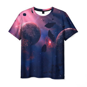 Мужская футболка 3D с принтом КОСМОС в Тюмени, 100% полиэфир | прямой крой, круглый вырез горловины, длина до линии бедер | galaxy | nebula | space | star | абстракция | вселенная | галактика | звезда | звезды | космический | планеты
